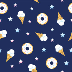 Seamless pattern of donut, ice cream and star on blue background