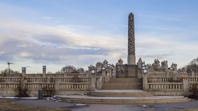 Tourists Visit Monolith Stone Pillar Surrounded With Granite Sculptures At Vigeland Facility In Frognerparken, Oslo, Norway. - hyperlapse, zoom in
