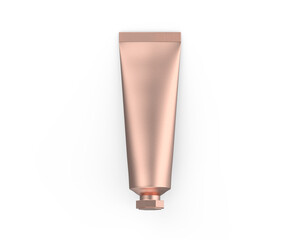 Copper metallic cosmetic tube mockup template on isolated white background, metallic rose gold cosmetic cream gel mock up, 3d illustration