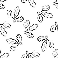 Oak leaf monochrome seamless vector pattern background. Simple calligraphy brush foliage clusters black and white backdrop. Minimal elegant outline design. Painterly style all over print for packaging