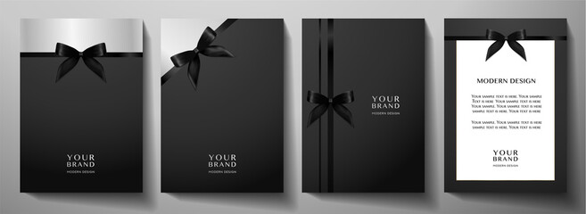 Holiday cover design set. Luxury silver, dark background and black ribbon (bow). Formal premium vector collection template for invitation (invite vip card), greeting or gift card, award