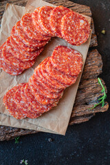 pepperoni sausage paprika meat spices fast food spicy meal top view copy space for text food background rustic