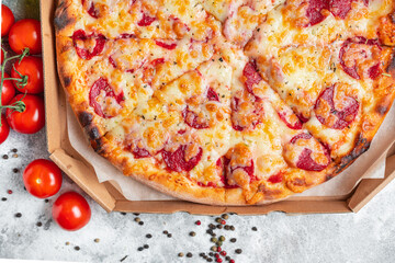 pepperoni pizza tomato sauce and cheese trend meal copy space food background rustic. top view