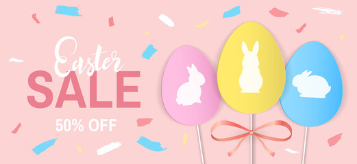Easter Sale banner design template with handwritten lettering and paper decorative eggs with bunny silhouettes. 50% off