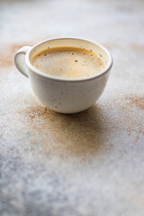 fresh coffee in a white cup hot drink trend meal copy space food background rustic. top view