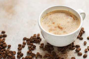 fresh coffee in a white cup hot drink trend meal copy space food background rustic. top view