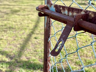 錆びたフェンスの扉と芝生