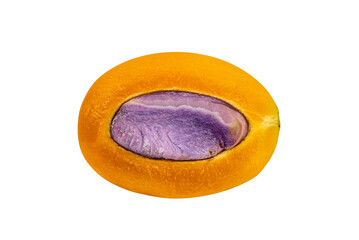 Top view of half Marian Plum on white background with clipping path. Half freshly harvested ripe marian plum show yellow pulp and purple seed.