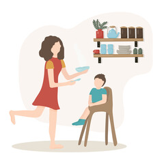 A young woman feeds her baby. The happy mother is holding a spoon and a plate of food in her hand. A young son sits in a baby seat. Modern flat vector illustration of cartoon clipart