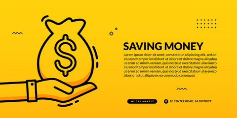 Hand hold money bag on yellow background, saving money concept