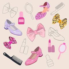 Vector set of accessories for girls. Cute bows, lipstick, shoes. A set of contoured and colored items. beautiful and delicate things.