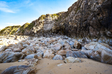 High tide, the phenomenon of tides in the Atlantic Ocean, an exposed beach off the coast of France.