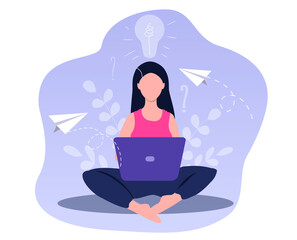 vector illusration - girl with laptop sitting on the floor Freelance or studying concept. Cute illustration in flat style.