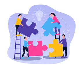 vector illustration on the theme of teamwork. people carry puzzle pieces. friendly staff, close-knit work. illustration for web, magazines, apps