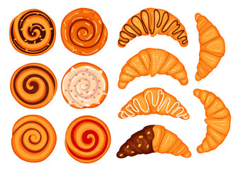 set of buns with chocolate and nuts and croissants with frosting. bakery products. vector illustration in cartoon style.