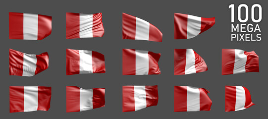 14 different images of Peru flag isolated on grey background - 3D illustration of object
