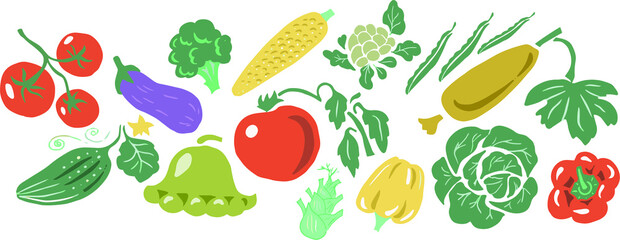 set with vegetables vector hand-drawn illustration. Set of flat icons cabbage tomatoes cucumber eggplant pepper beans zucchini patison silderay cauliflower