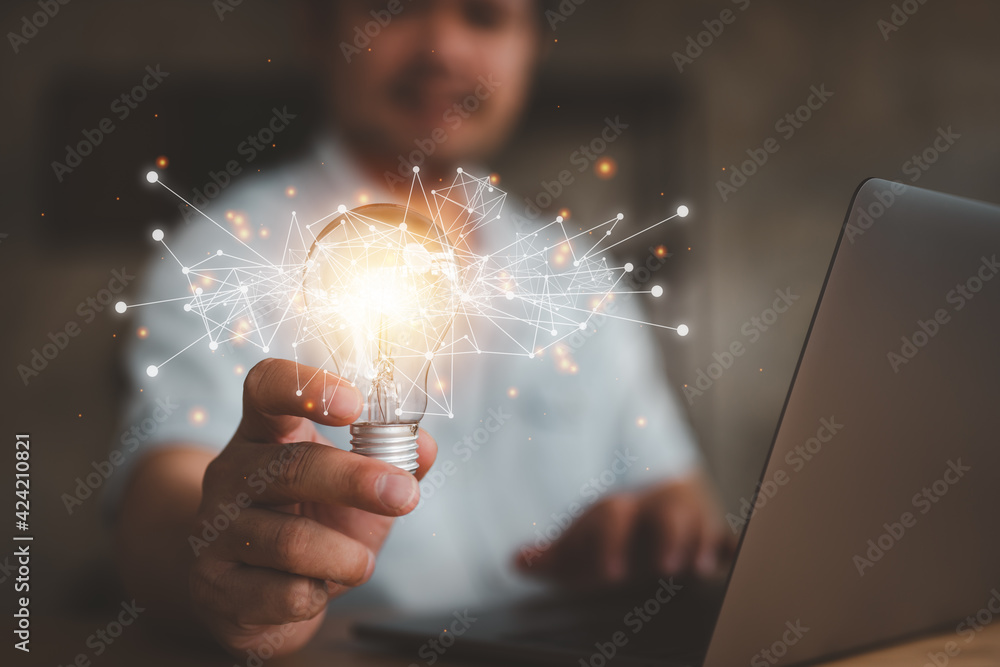 Aufkleber idea concept and light bulbs with connection line, businessman show new ideas with innovative technology and creativity.