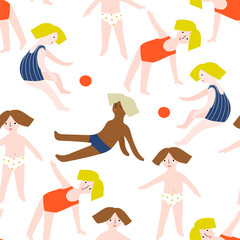 Multinational children in  summer activities-stylish vacation pattern. Summer seamless background. Summertime vector illustration with multinational kids drawing in flat design.