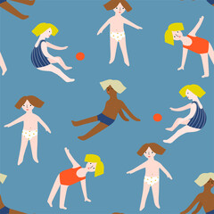 Multinational children on the beach pattern. Summer seamless background. Summertime vector illustration with multinational kids drawing in flat design.