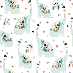Printed kitchen splashbacks Elephant Seamless pattern with cute floral elephants. Creative blooming texture. Great for fabric, textile Vector Illustration