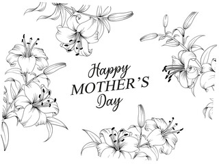 Greeting card Mother's day with line art flowers. Hand drawn flower.