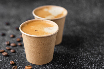 frothy coffee hot fresh disposable paper cup zero waste break meal top view copy space for text food background