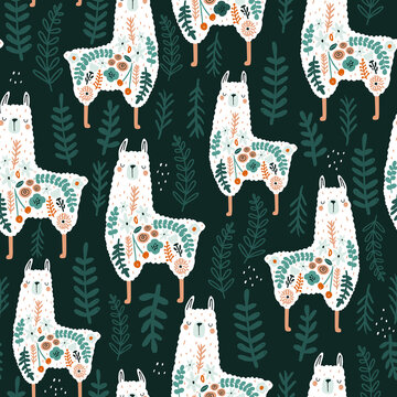 Seamless pattern with cute floral llamas. Creative blooming texture. Great for fabric, textile Vector Illustration