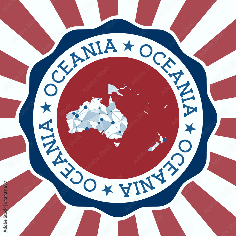 Poster oceania badge. round logo of continent with triangular mesh map and radial rays. eps10 vector.