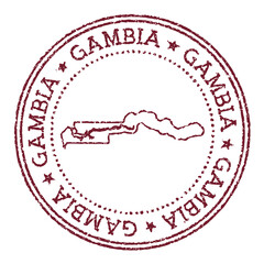 Gambia round rubber stamp with country map. Vintage red passport stamp with circular text and stars, vector illustration.