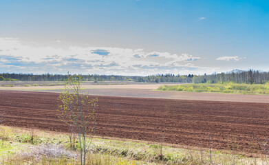 a plowed field on a sunny spring day