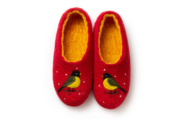 Felt slippers on white background in closeup