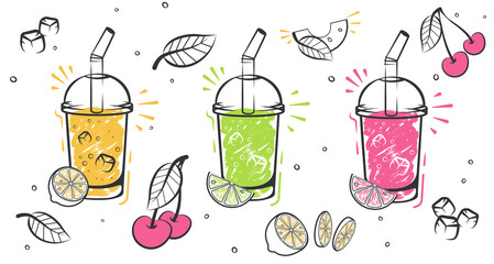 Superfoods and health or detox diet food concept in sketch style. Smoothie recipe with a bottle and ingredients. Detox, healthy eating.