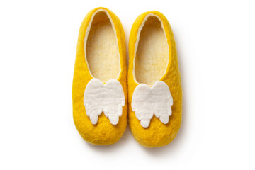 Felt slippers on white background in closeup