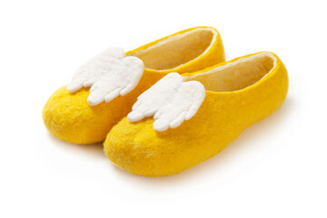 Felt slippers on white background in closeup