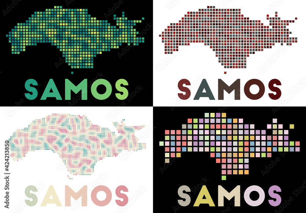 Poster samos map. collection of maps of samos in a dotted style. borders of the island filled with rectangl