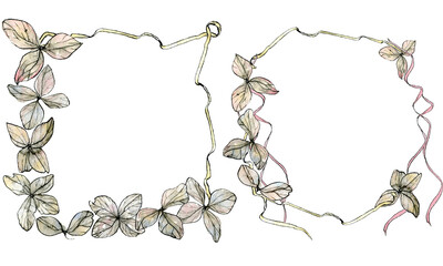Decorative frame and wreath of hydrangea petals, watercolor illustration in sketch style. Floral border with copyspace, isolated on white background. Delicate pastel, elegant dried flowers.