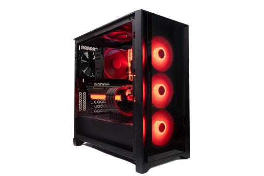 Isolated Black Destop Computer Middle Size Tower with Red LED RGB Light on White Background