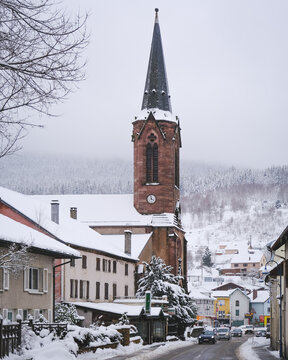Cornimont Church Saint-Barth&eacute;l&eacute;my built in1864. Its steeple measures nearly 60 meters. Cornimont, Vosges, France