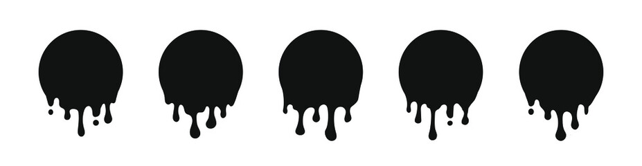 Paint drip stickers set. Circle melt drop icons. Graffiti paint drip blobs. Flowing liquid. Molten chocolate.