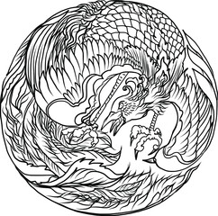 Phoenix fire bird vector and illustration design for tattoo.Chinese Peacock in circle Silhouette and isolated on white background. Phoenix colouring book vector.