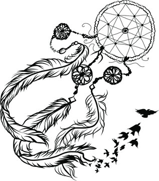 Dreamcatcher isolate vector.Amulet Dreamcatcher transform to the bird.Hand drawn and coloring book design.