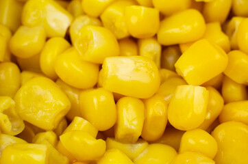 Canned Yellow Corn seeds background. Close up, macro photo.