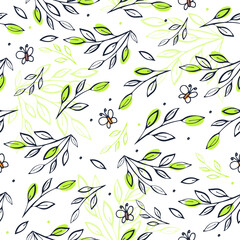 Seamless pattern with brunches and leaves. Spring hand drawing picture for fabric, wallpaper, wrapping paper. EPS10, vector.