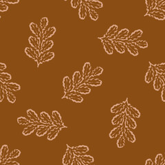Oak leaf seamless vector pattern background. Calligraphy brush clusters of leaves warm ochre monochrome backdrop.Elegant outline design. Painterly style all over print for wellness.