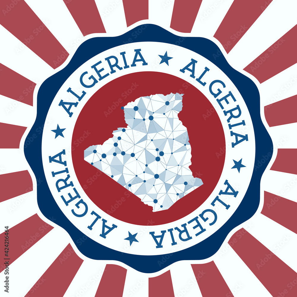 Poster algeria badge. round logo of the country with a triangular mesh map and radial rays. eps10 vector.