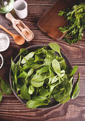 spinach in the bowl on the dark wooden background