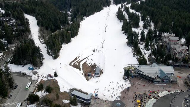 Whistler Village BC March 29th 2021: Drone footage of skiiers finishng their last runs of the season as news of BC mandate to close Whistler Blackcomb early circulates due to high Covid infection rate