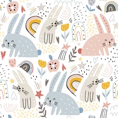 Foto auf Glas Seamless childish modern pattern with cute hand drawn rabbits. Creative kids hand drawn texture for fabric, wrapping, textile, wallpaper, apparel. Vector illustration © solodkayamari