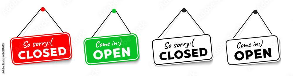 Poster come in we're open or closed in signboard with a rope on transparent background. vector